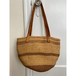 Sisal Woven Leather Strap Market Basket Grocery Shopping Tote Bag